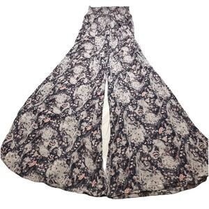 Rewash Brand Floral Paisley Palazzo Pants Grey Pink Smocked Waist Wide Leg